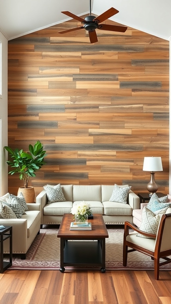 A cozy living room featuring a reclaimed wood wall, light-colored sofas, and a wooden coffee table.