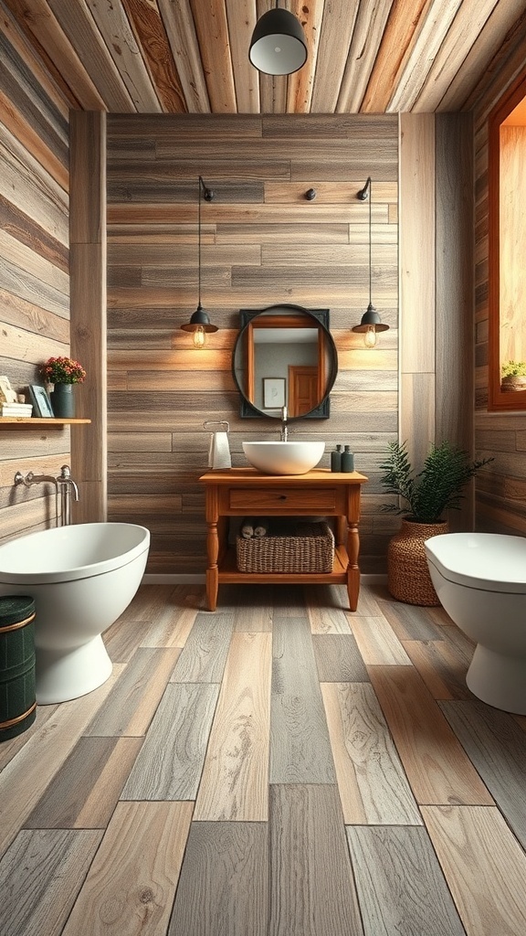 A rustic bathroom featuring reclaimed wood flooring and walls, with modern fixtures and plants.
