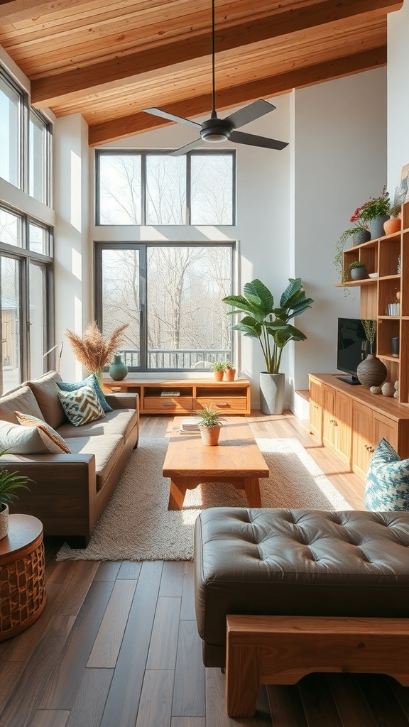 A cozy living room featuring reclaimed wood furniture, large windows, and plants.