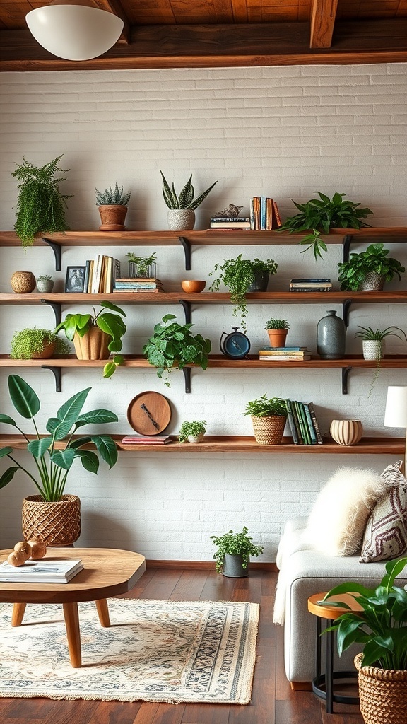 A cozy living room featuring reclaimed wood shelves filled with plants and books.