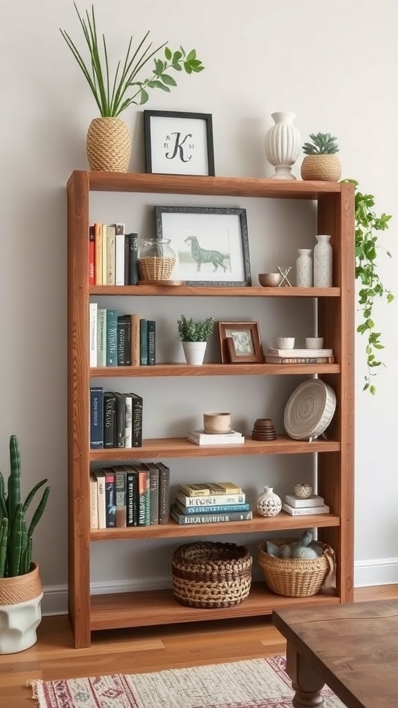 A rustic reclaimed wood shelving unit filled with books, plants, and decorative items.