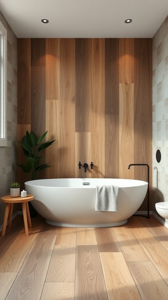 A modern bathroom featuring reclaimed wood tiles, a white bathtub, and plants.