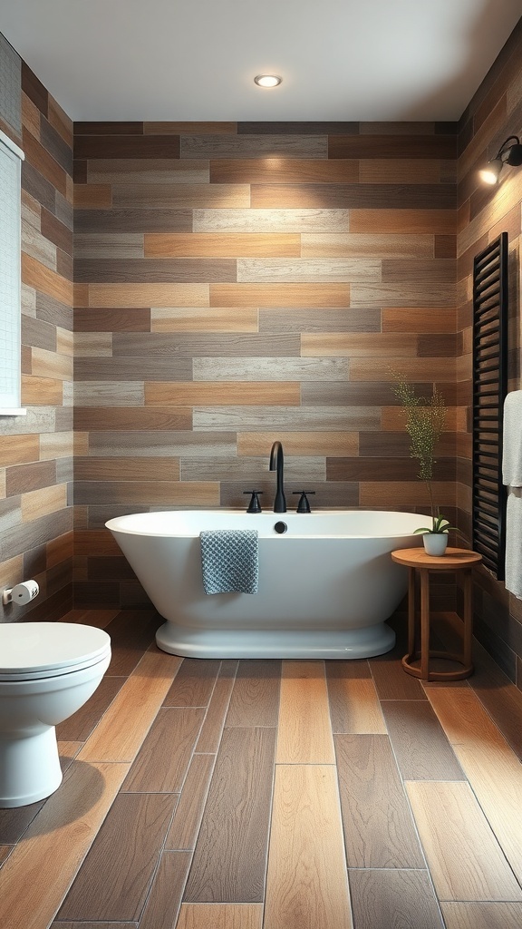 A bathroom featuring reclaimed wood tiles on the floor and walls, with a white bathtub and minimal decor.