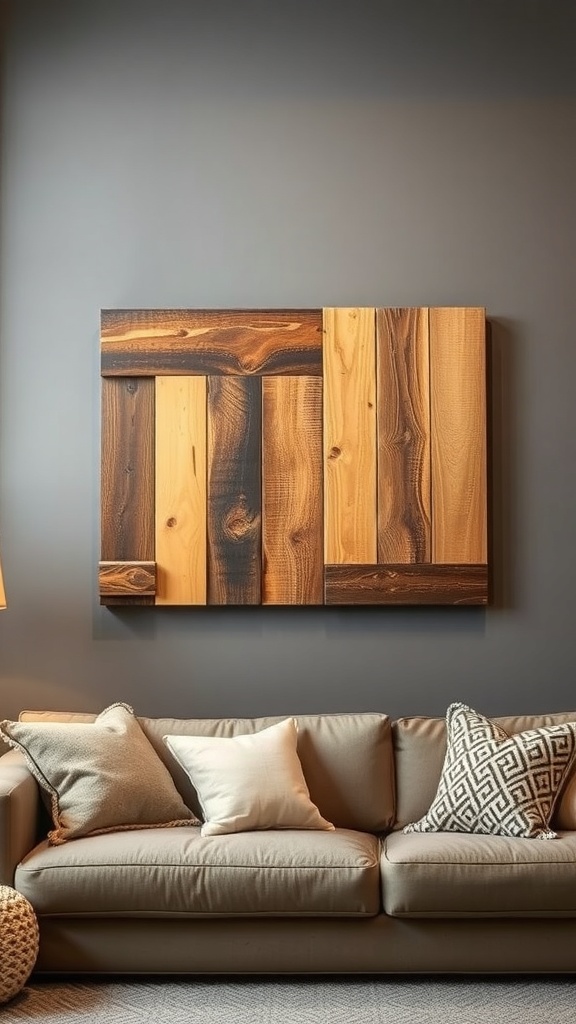 Reclaimed wood wall art above a cozy couch with orange and blue pillows.