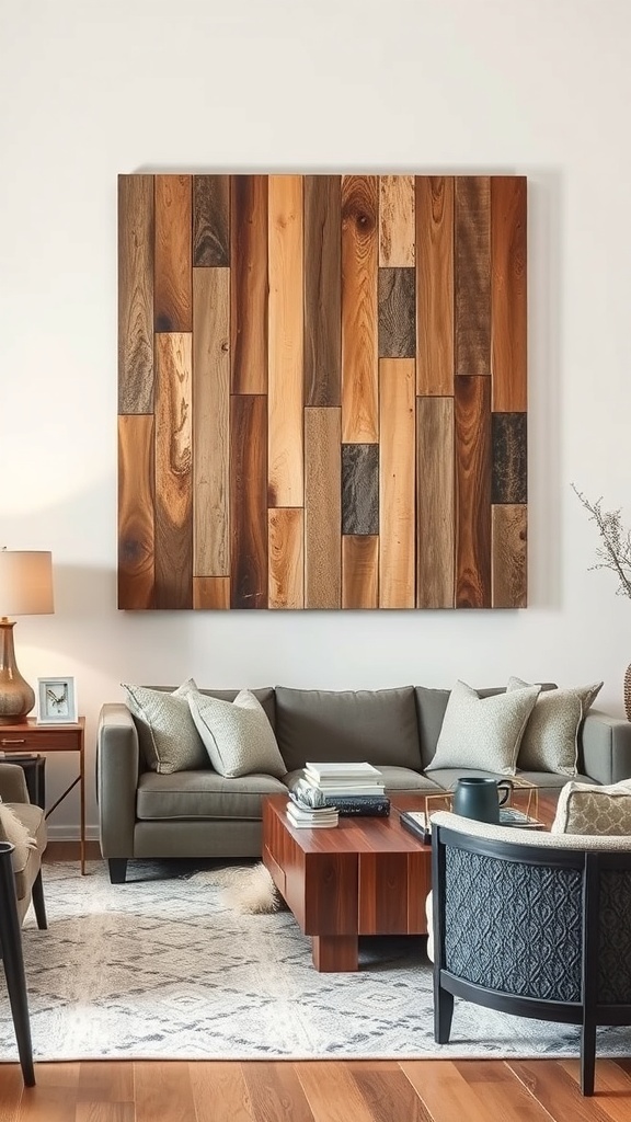 A cozy living room featuring reclaimed wood wall art above a fireplace, with wooden furniture and soft textiles.
