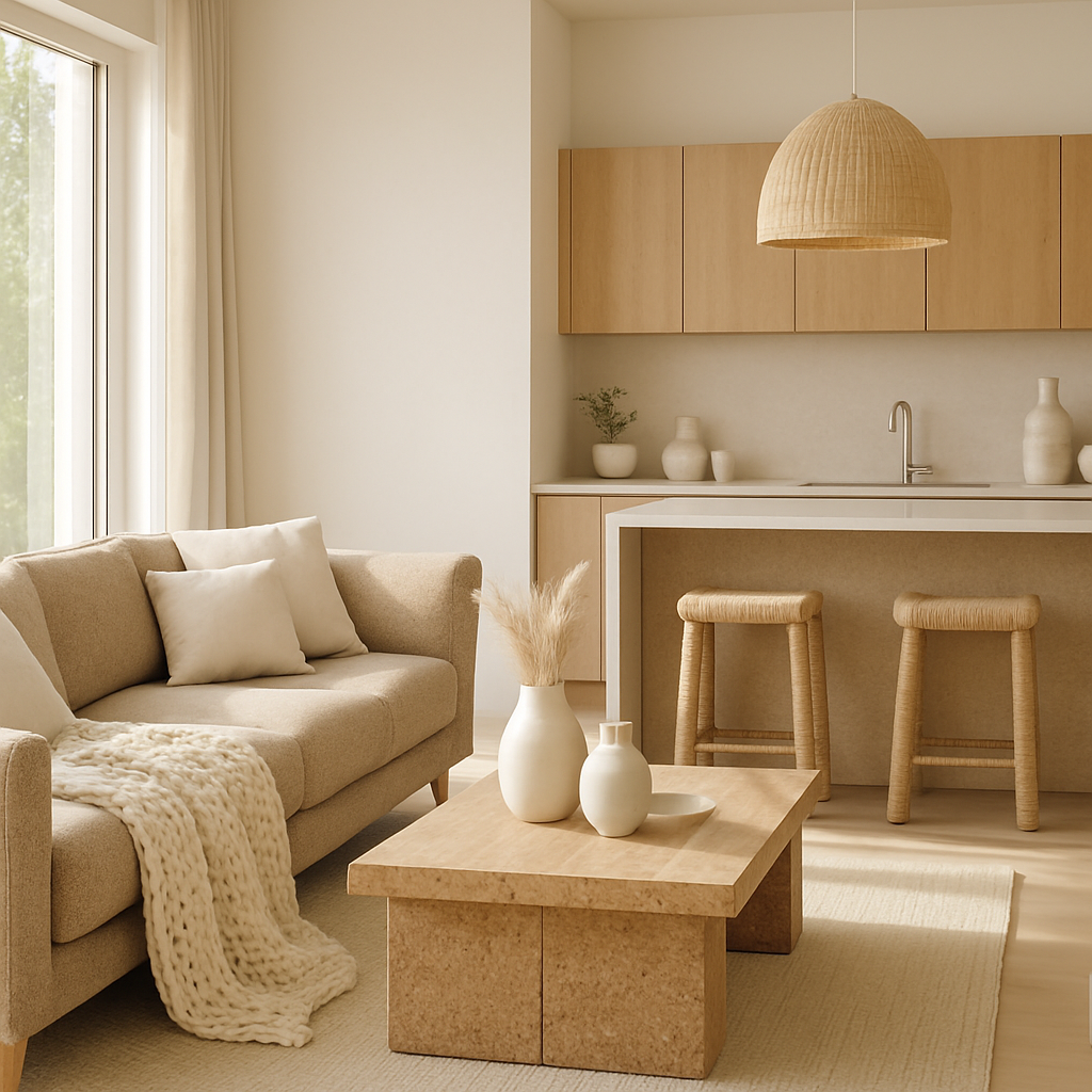 Ein stilvolles Wohnzimmer mit recycelten Möbeln, darunter ein Couchtisch aus natürlichem Material und geflochtene Stühle.