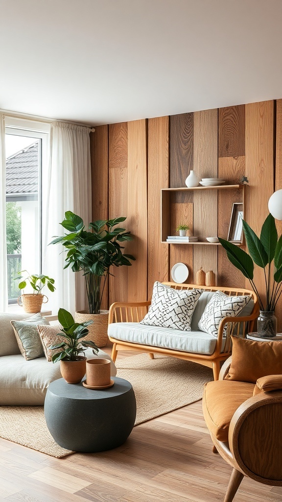 Wohnzimmer mit recyceltem Holz und Erdtönen