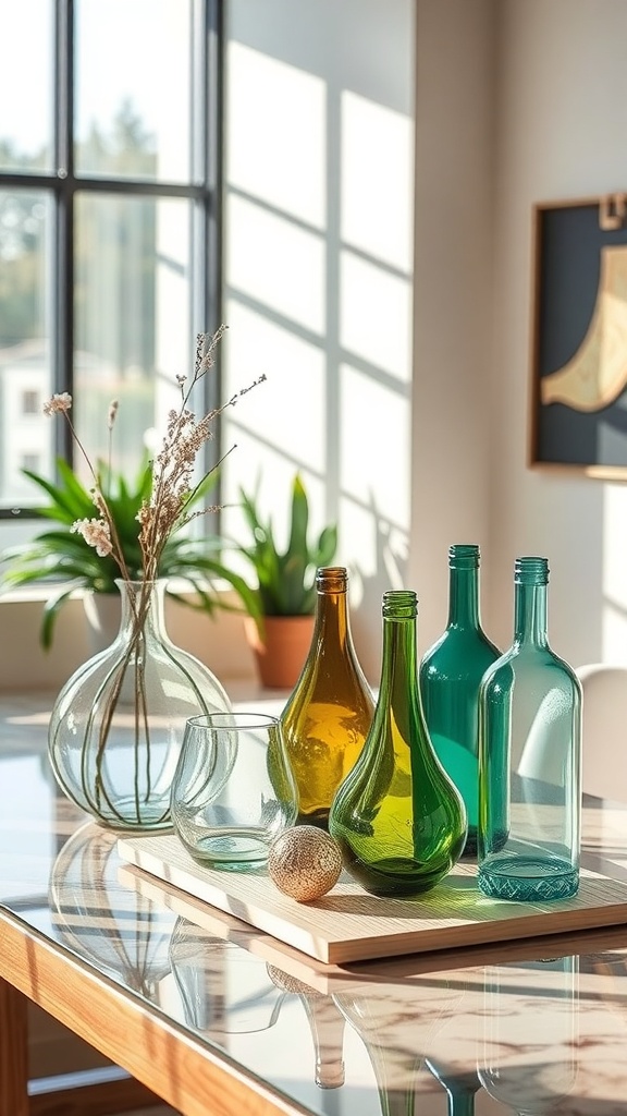 A collection of recycled glass decor items in various colors on a wooden tray.