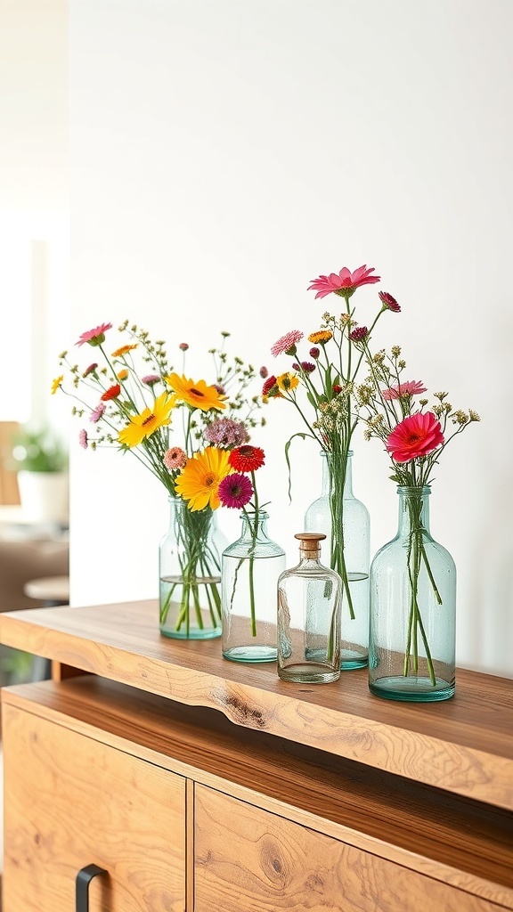 Colorful flowers in recycled glass bottles on a wooden shelf