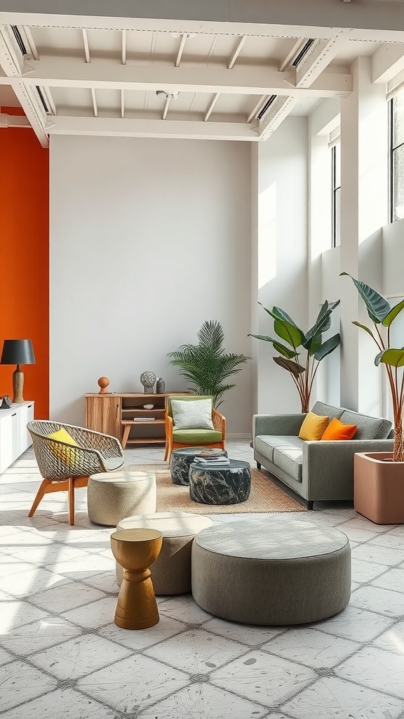 A bright living room featuring recycled material furniture, with a cozy sofa, colorful cushions, and plants.