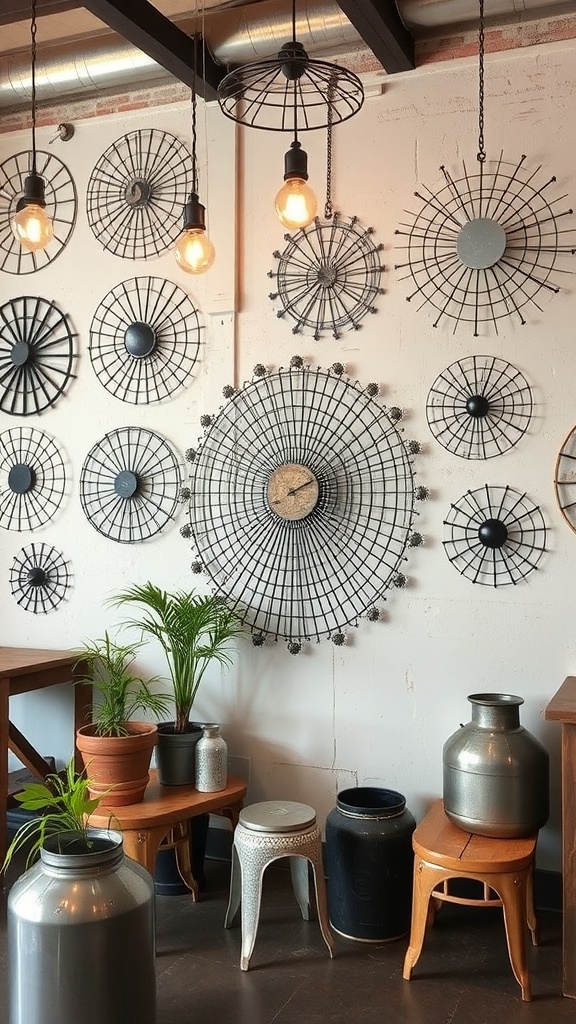 A stylish wall featuring various recycled metal decor items and plants.