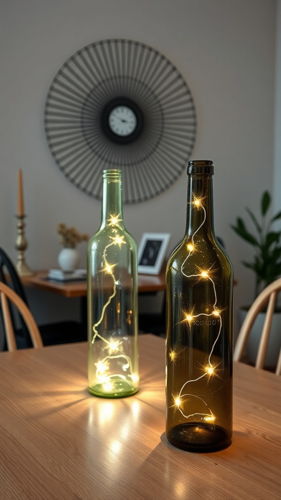Two recycled wine bottles with fairy lights inside, placed on a wooden table.