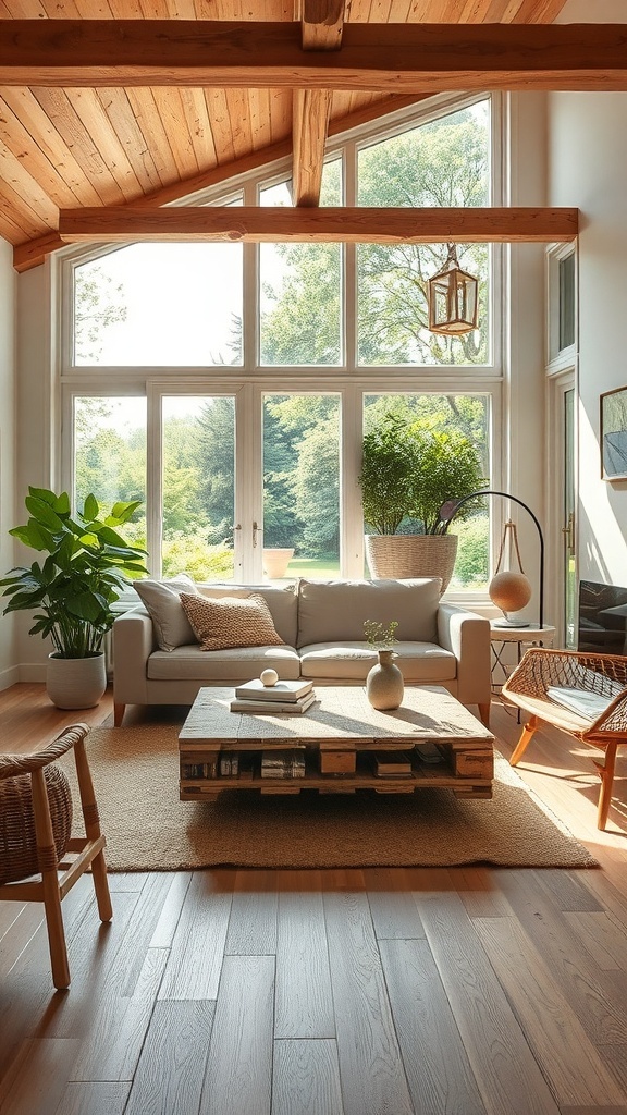 Helles Wohnzimmer mit recyceltem Holzpalettentisch und großen Fenstern