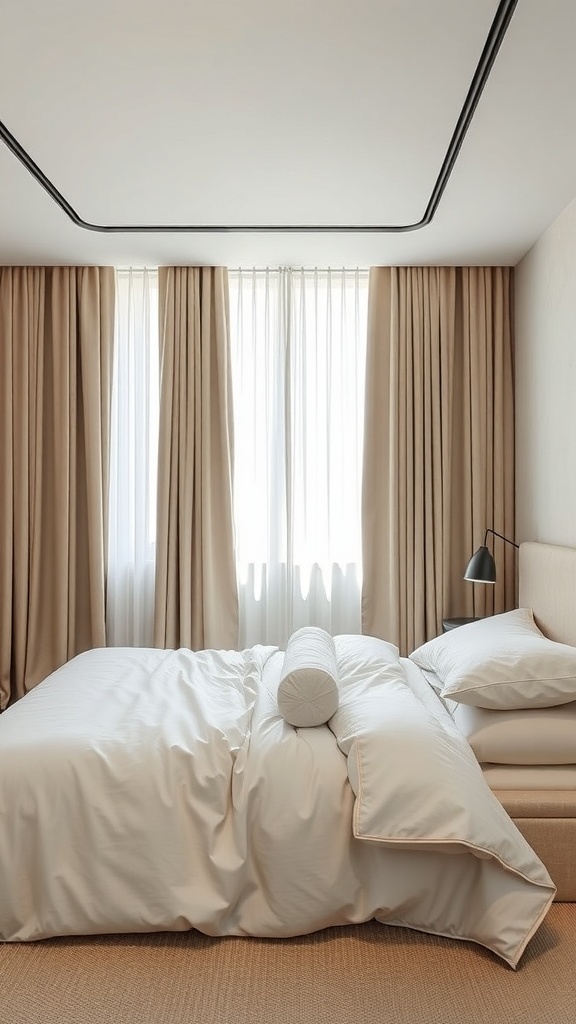 Minimalistisches Schlafzimmer mit großen Fenstern und reduzierten Textilien