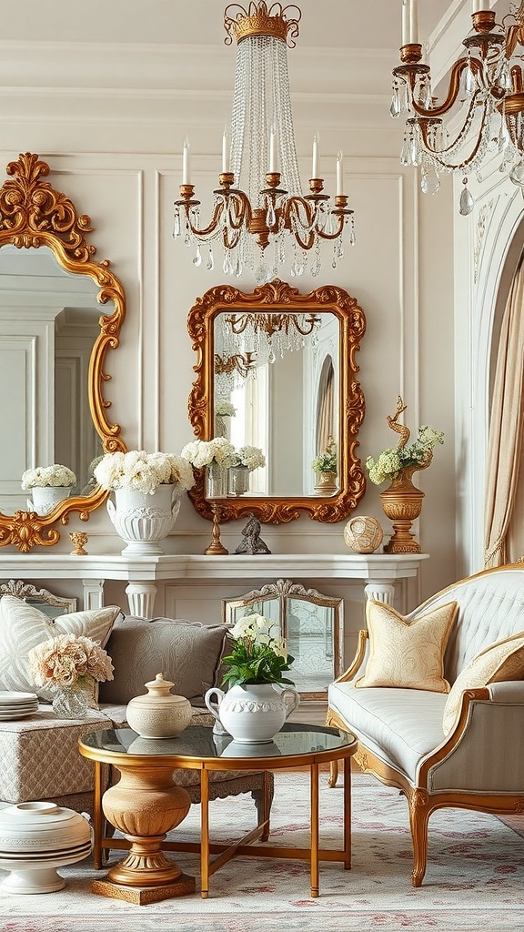 A beautifully decorated room featuring Rococo decor with ornate mirrors, a chandelier, and elegant furniture.