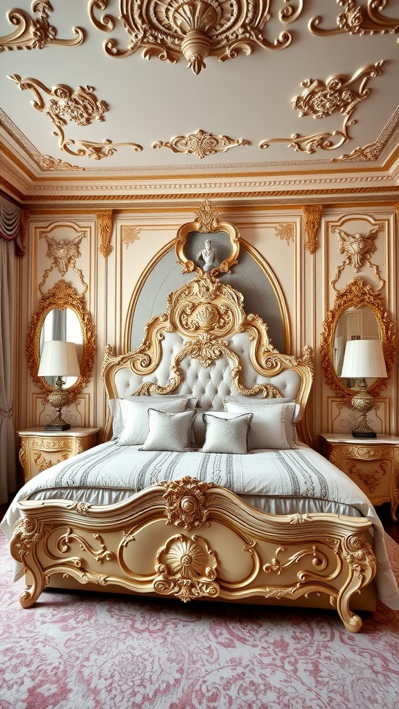 A luxurious Rococo style bedroom featuring an ornate bed, elegant decor, and intricate ceiling designs.