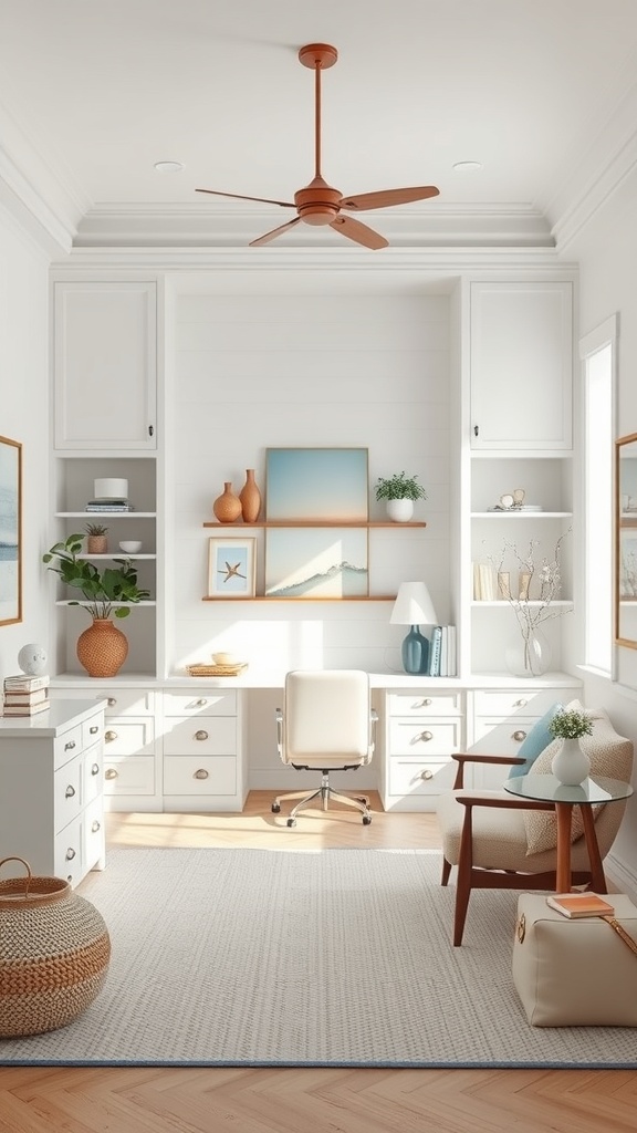 A bright and airy coastal home office with white furniture, a cozy chair, and decorative elements.
