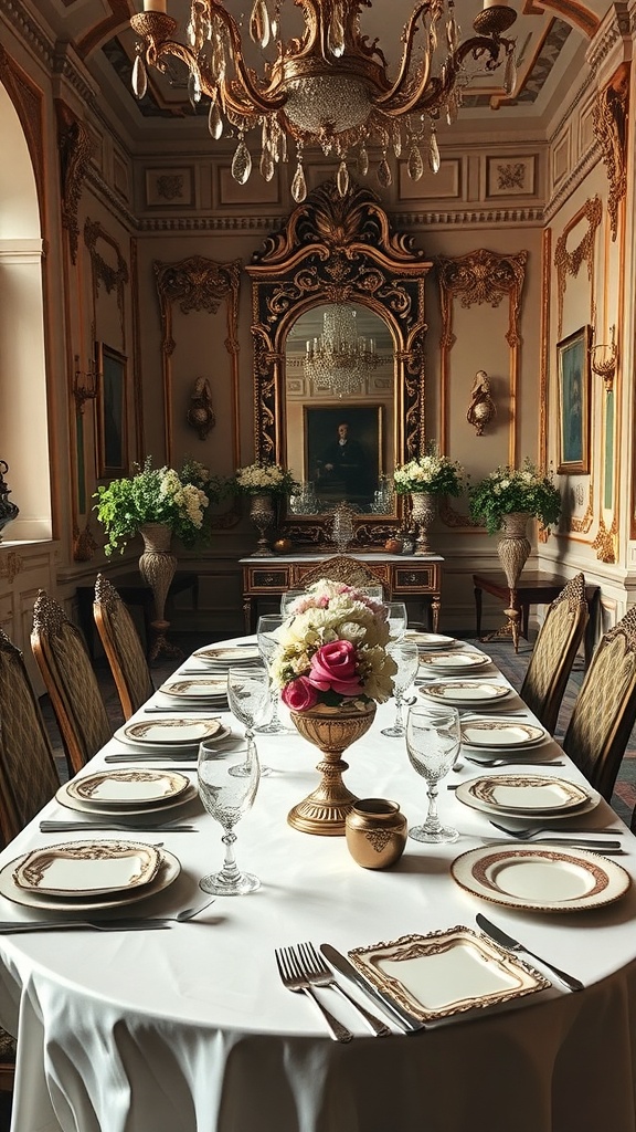 A refined dining table setting featuring ornate dinnerware, crystal glasses, and a floral centerpiece in an elegant room.