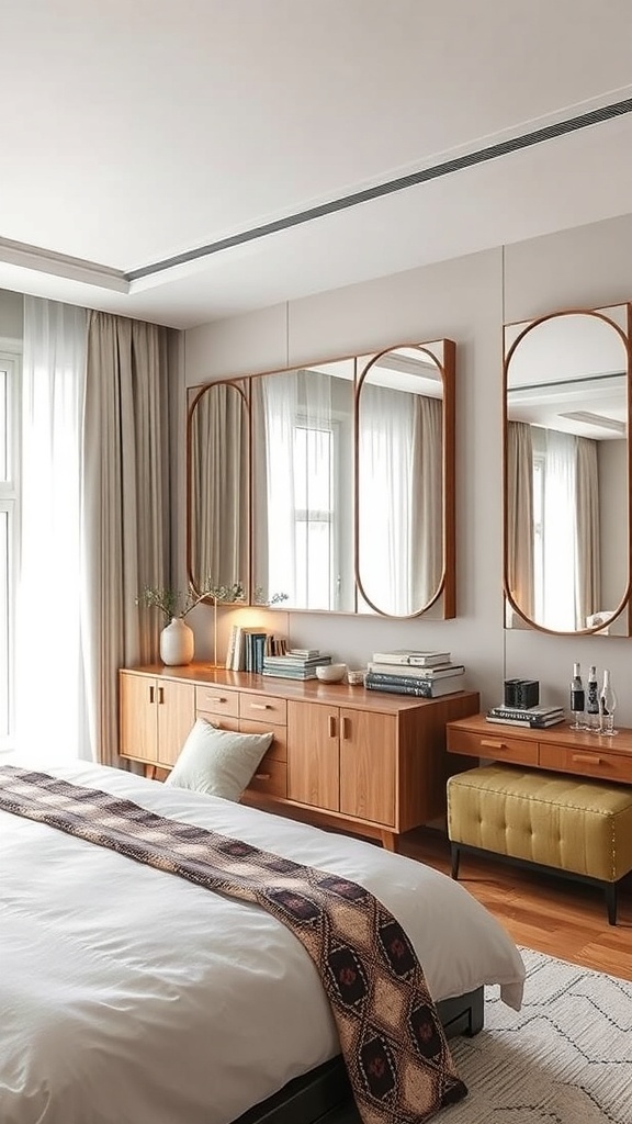 A modern bedroom featuring reflective surfaces and mirrors, showcasing a stylish design with natural light.