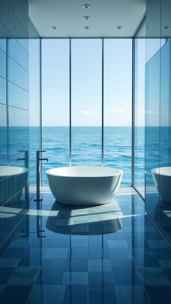 Modern bathroom with ocean view, featuring reflective surfaces and a freestanding bathtub.