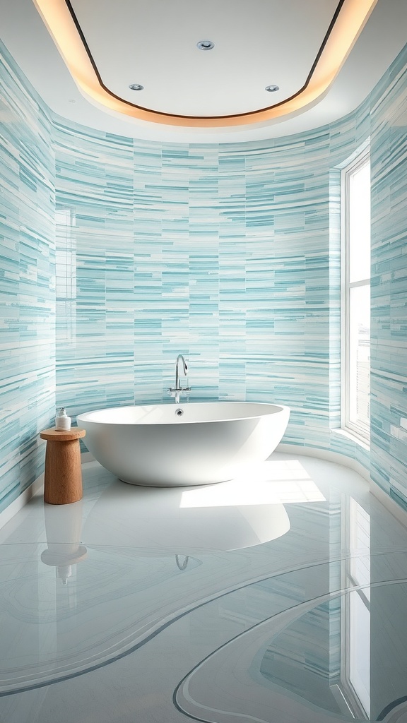 A modern bathroom featuring reflective surfaces with blue patterned tiles and a sleek white bathtub.