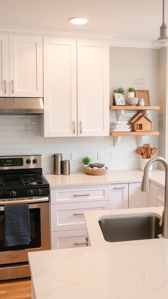 A modern kitchen featuring white cabinets, a stainless steel stove, and open shelving with decorative items.