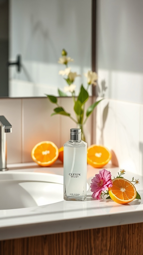 A bottle of body spray next to orange slices and a flower on a bathroom counter.