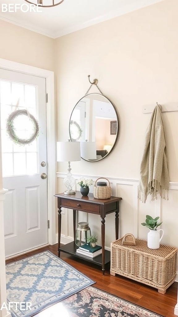 A refreshed entryway with light walls, stylish lighting, and decorative elements.