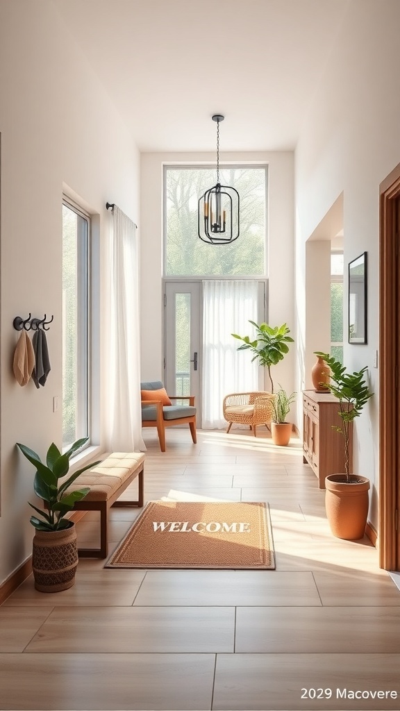 Bright entryway with a welcome mat, bench, plants, and modern lighting.