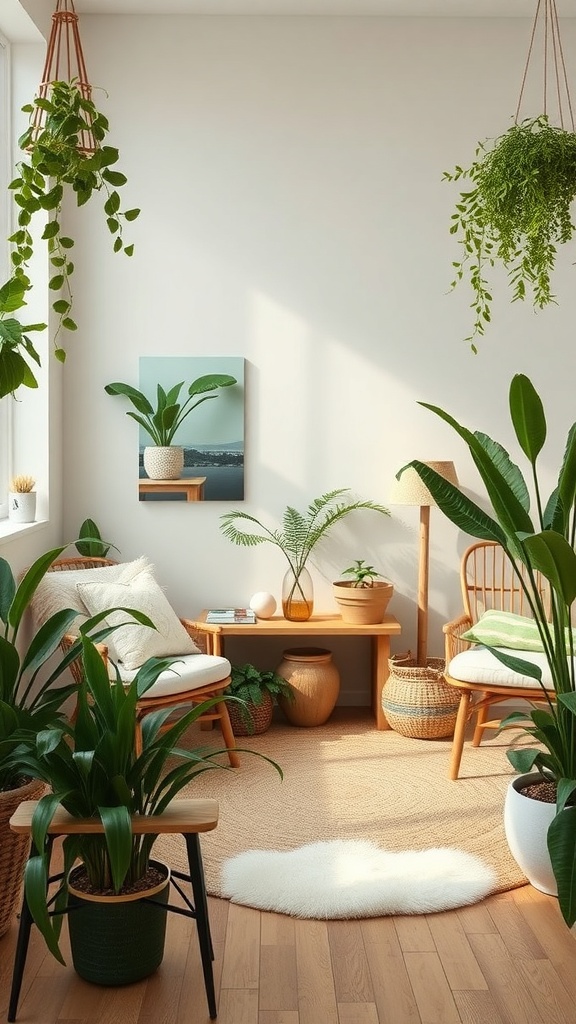 A cozy room filled with plants, natural textures, and soft lighting.