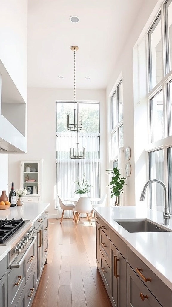 A modern kitchen featuring gray cabinets with gold hardware, large windows, and light wood flooring.