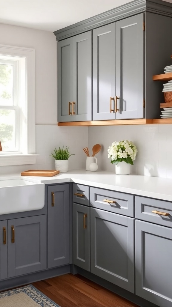 A modern kitchen with gray cabinets and brass hardware, showcasing a fresh and stylish look.