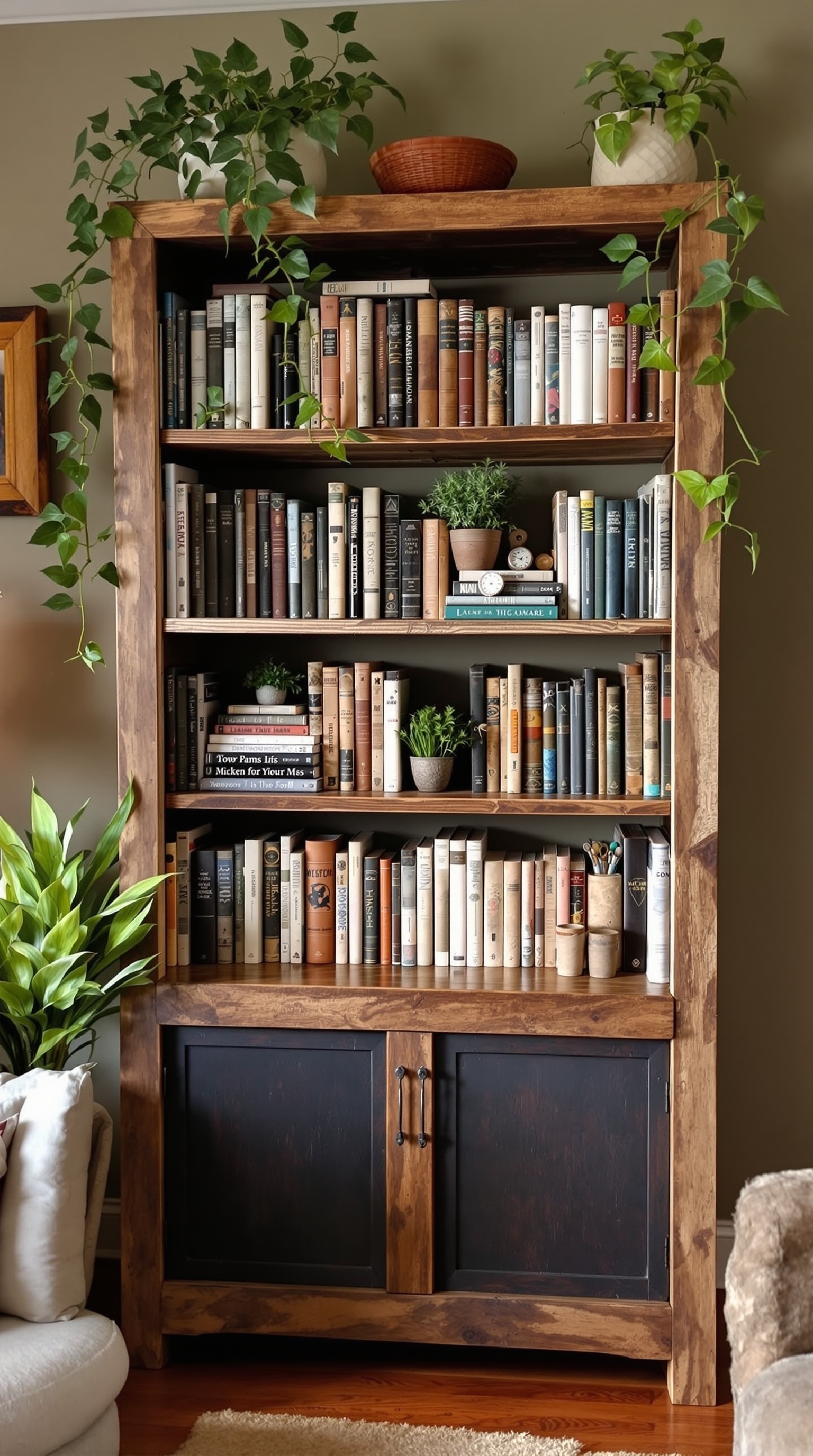 Ein rustikales Bücherregal aus recyceltem Holz, gefüllt mit Büchern und Pflanzen, in einem gemütlichen Wohnzimmer.