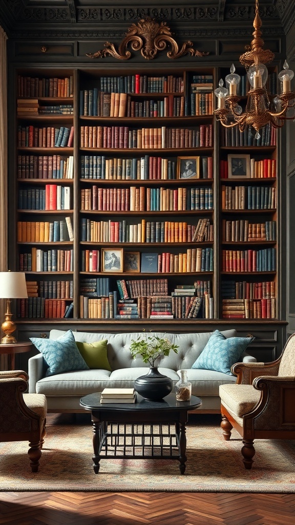 Viktorianisches Wohnzimmer mit Bücherregalen, eleganten Möbeln und einem Kronleuchter