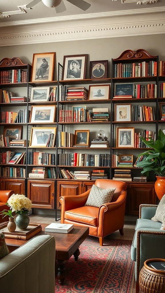 Ein Wohnzimmer mit einem Bücherregal, das Bücher und Bilderrahmen zeigt, sowie einem gemütlichen Sessel.