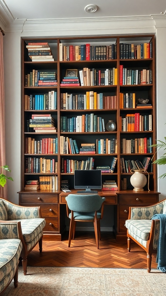 Ein gemütliches Wohnzimmer mit einem Vintage-Schreibtisch und einem großen Bücherregal voller Bücher.