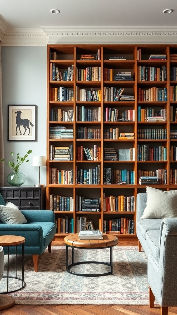Ein stilvolles Wohnzimmer mit einem Bücherregal, das eine Mischung aus neuen und alten Büchern zeigt.