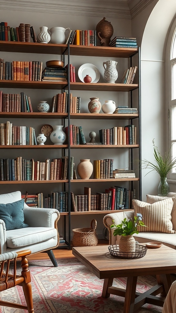 Ein Wohnzimmer mit Regalen voller Bücher und handgemachten Keramiken, einem bequemen Sessel und einem Holztisch.
