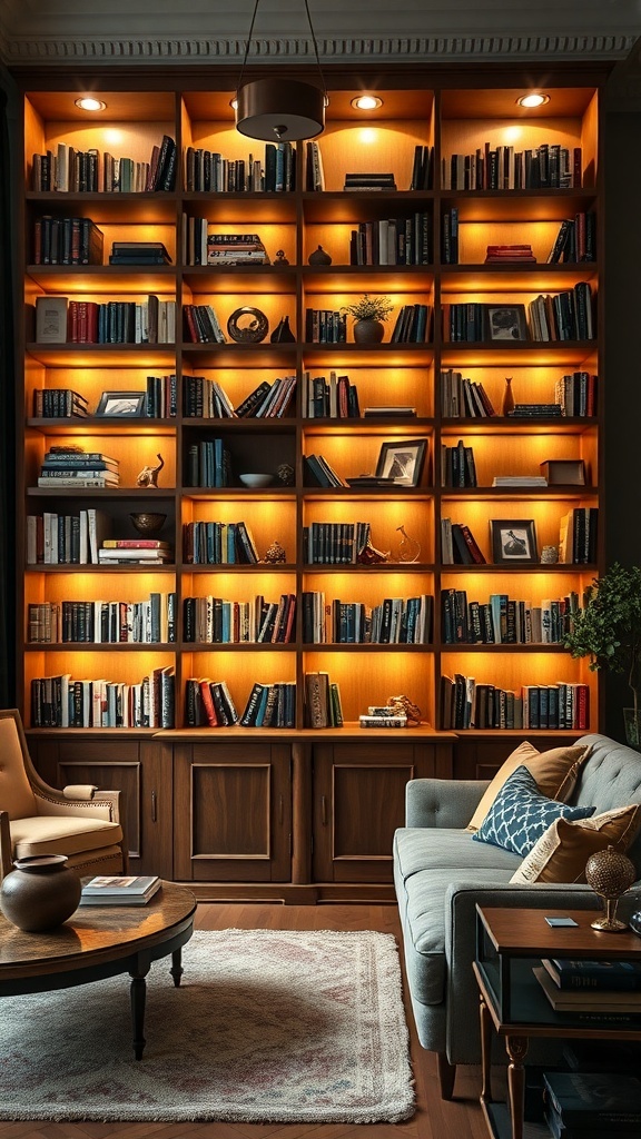 Ein stilvolles Bücherregal mit integrierter Beleuchtung, das eine gemütliche Atmosphäre schafft.