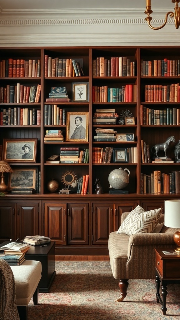 Ein Wohnzimmer mit einem großen Bücherregal, das alte Bücher und nostalgische Erinnerungsstücke zeigt.