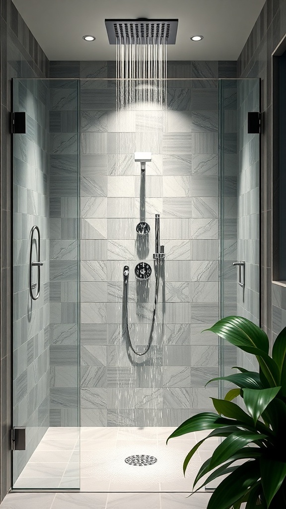 Moderne Walk-In-Dusche mit Regendusche und grauen Fliesen