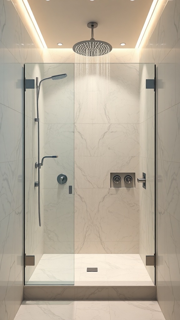 Moderne Walk-In-Dusche mit Regendusche und klaren Glaswänden