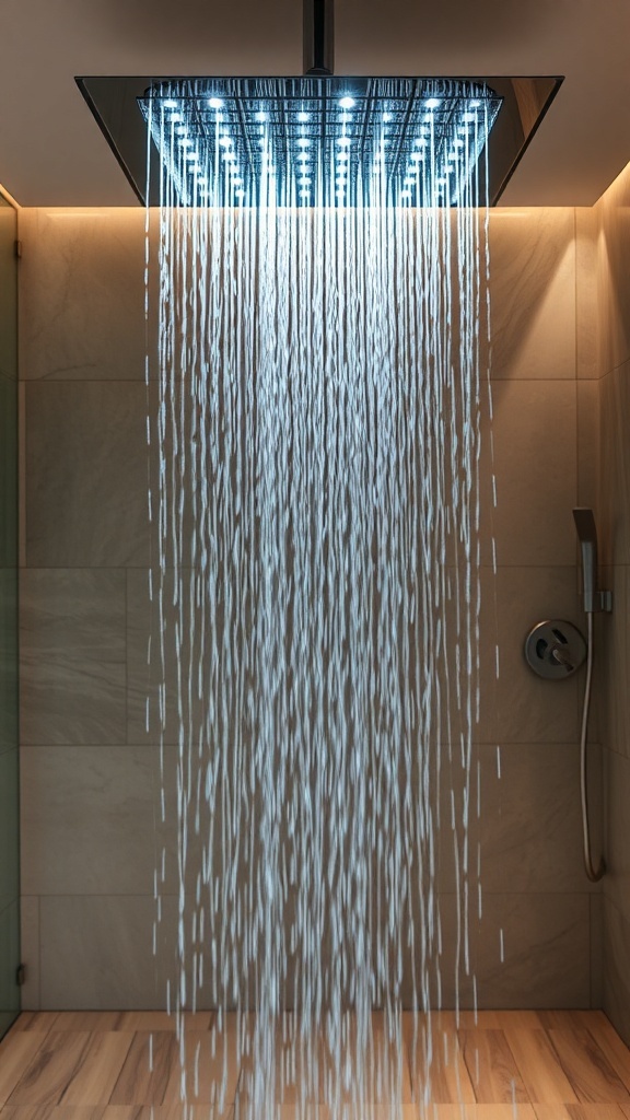 Moderne Regendusche in einem stilvollen Badezimmer mit dunklen Fliesen