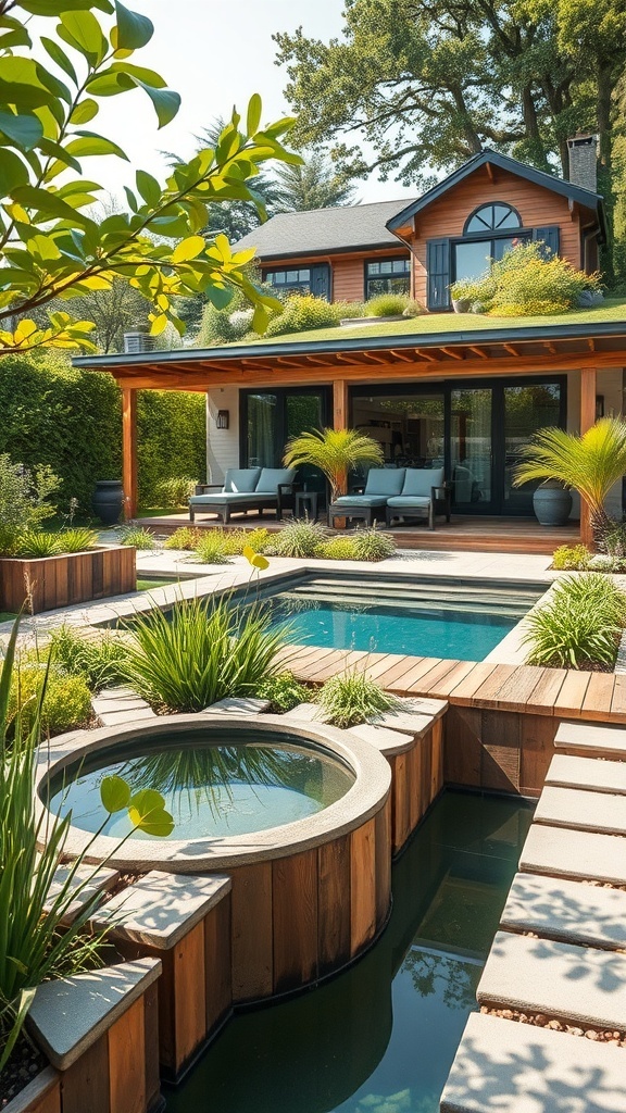 Ein Garten mit Naturpool und Wasserspiel, das Regenwasser nutzt.