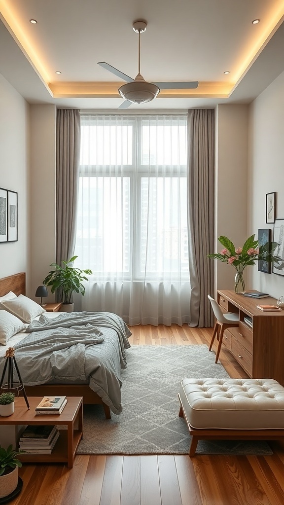 Cozy bedroom with a well-arranged layout featuring a bed, bedside tables, a chair, and a large window.