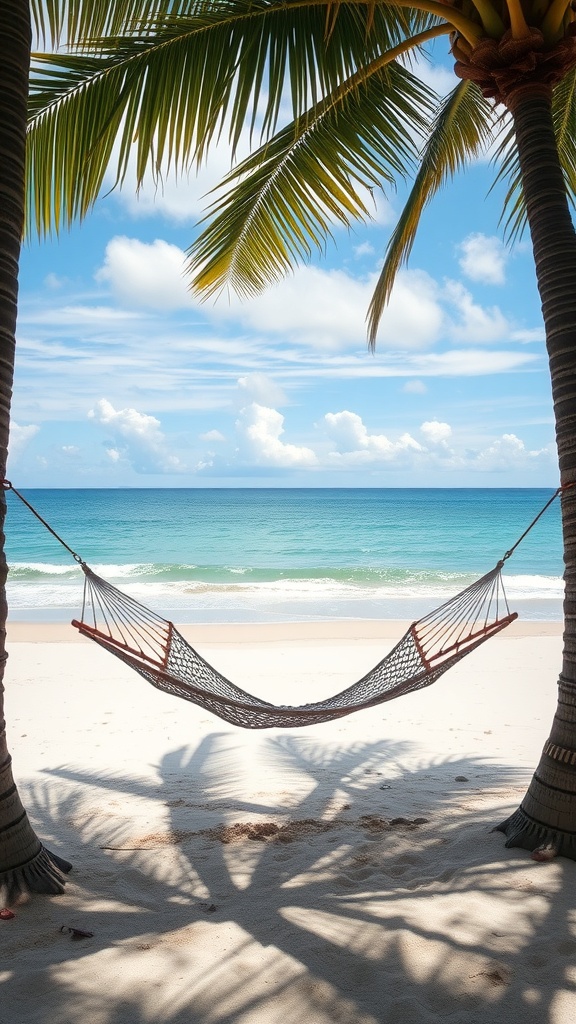 A hammock between palm trees on a beach with a clear blue sky and ocean in the background.