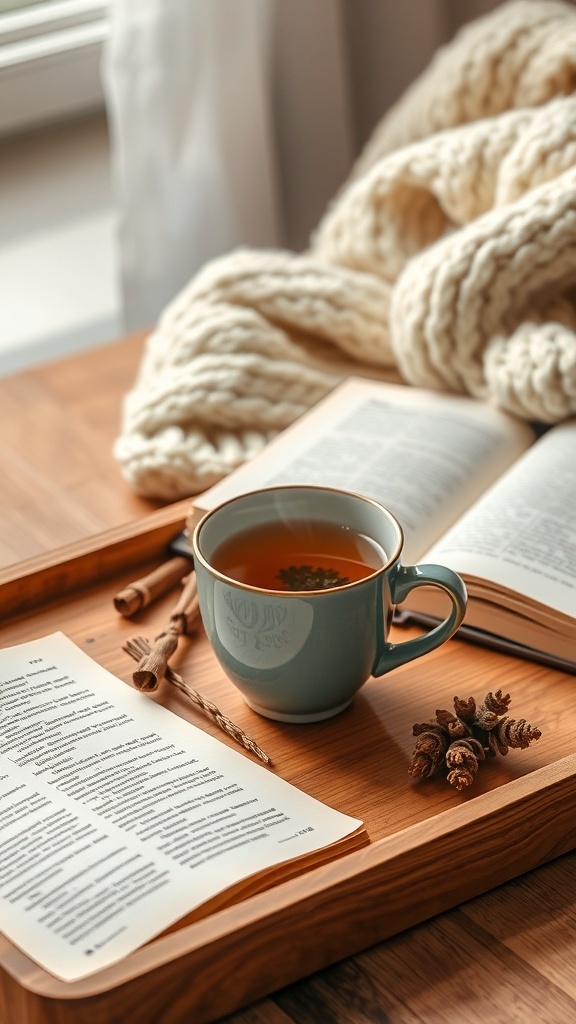 A cozy scene featuring a cup of herbal tea on a wooden tray, with an open book and a soft blanket.