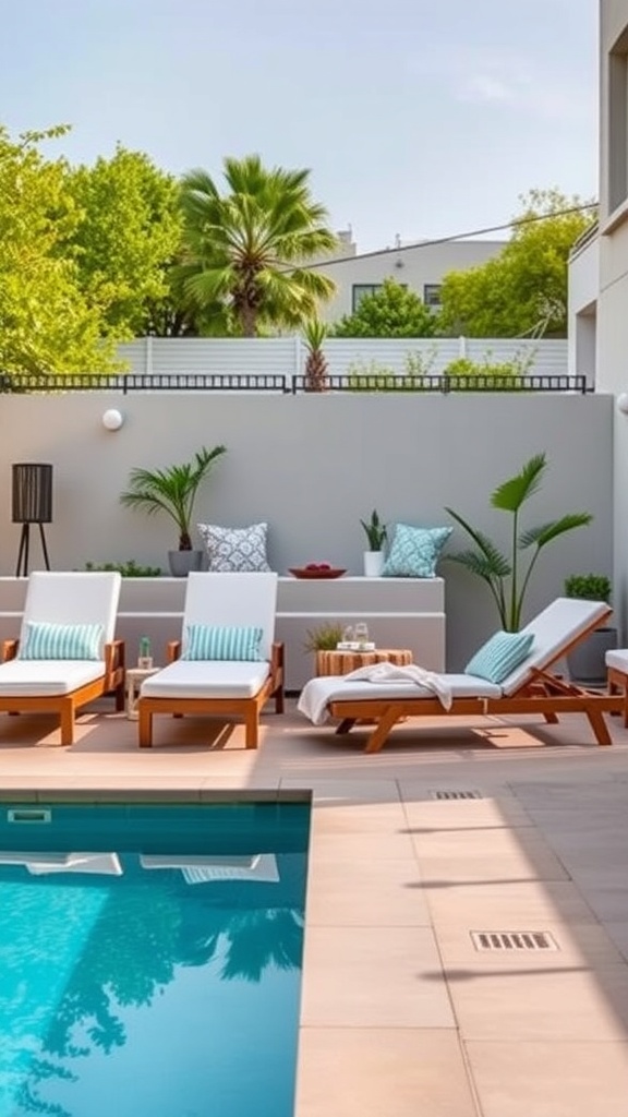 Stylish outdoor loungers by a pool surrounded by greenery.
