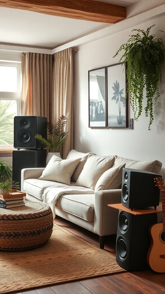 A cozy living room with a beige sofa, speakers, and a warm rug.