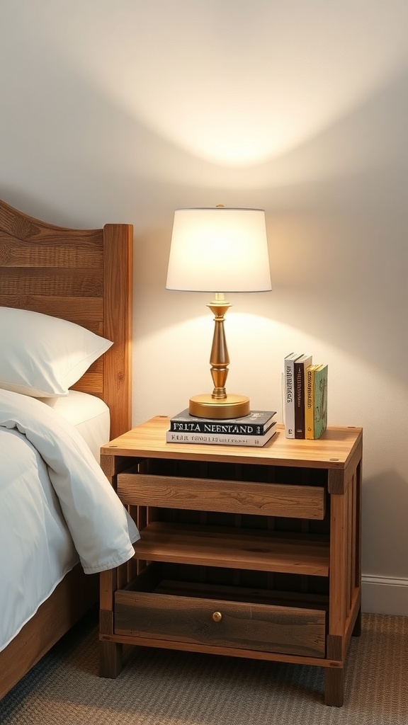 A wooden nightstand with a lamp and books on top, showcasing a cozy bedroom setup.
